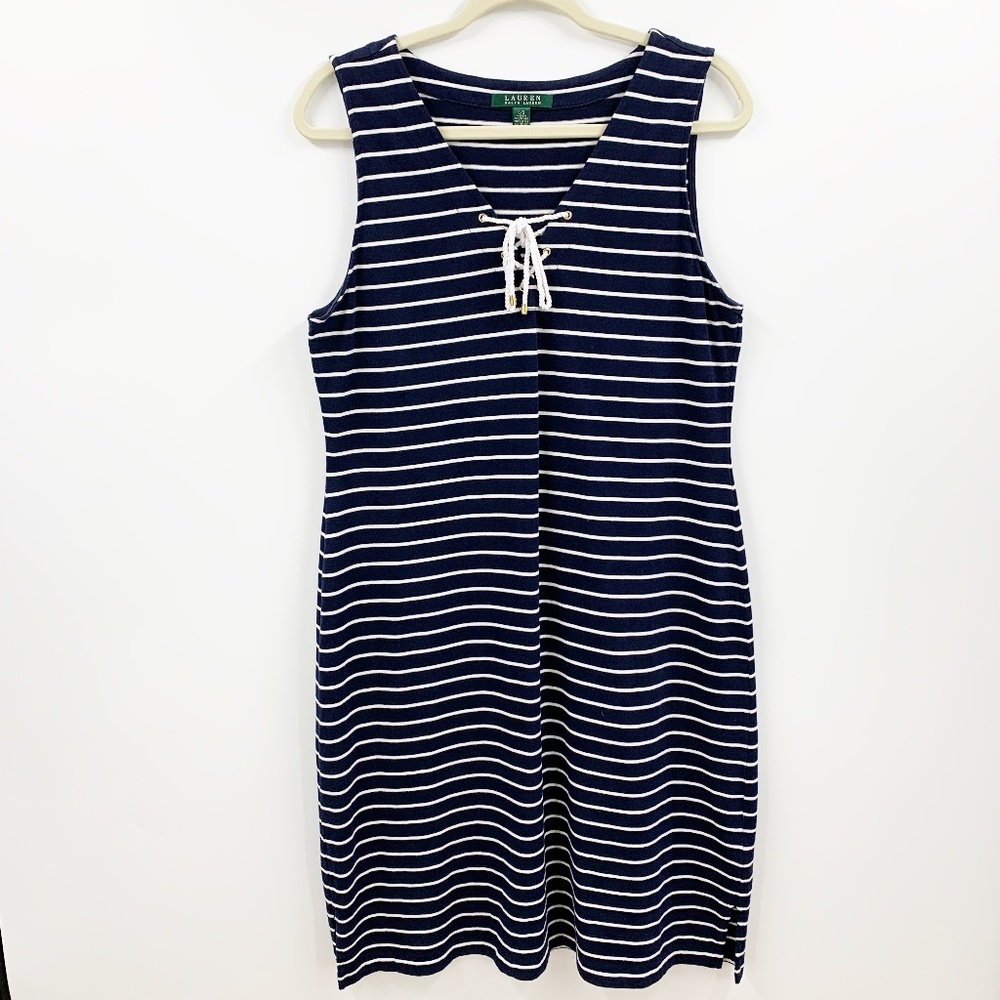 Lauren Ralph Lauren Nautical Navy & White Stripe Tank Dress Sz L